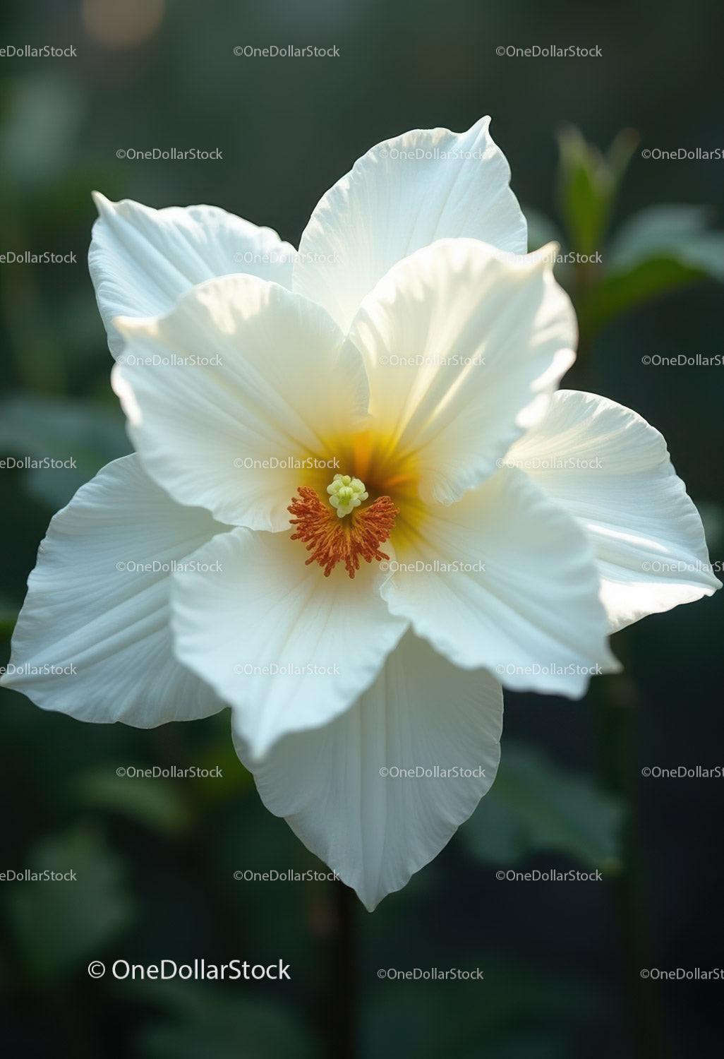White Hibiscus Flower with Orange Pistil in Sunny Garden