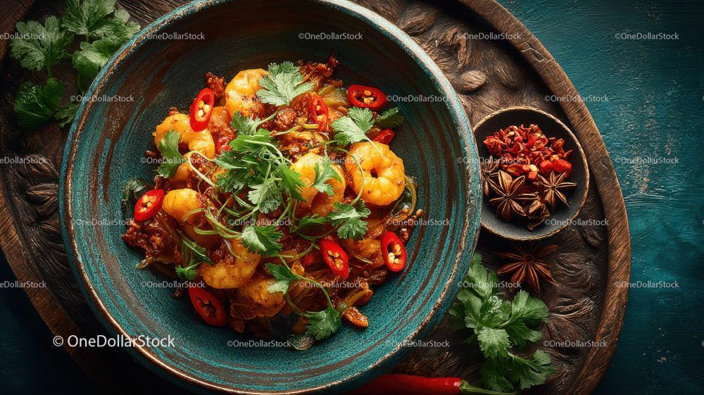 Spicy Asian Beef Stew with Rice and Fresh Herbs in a Black Stone Bowl Stock Photo Bundle preview 6