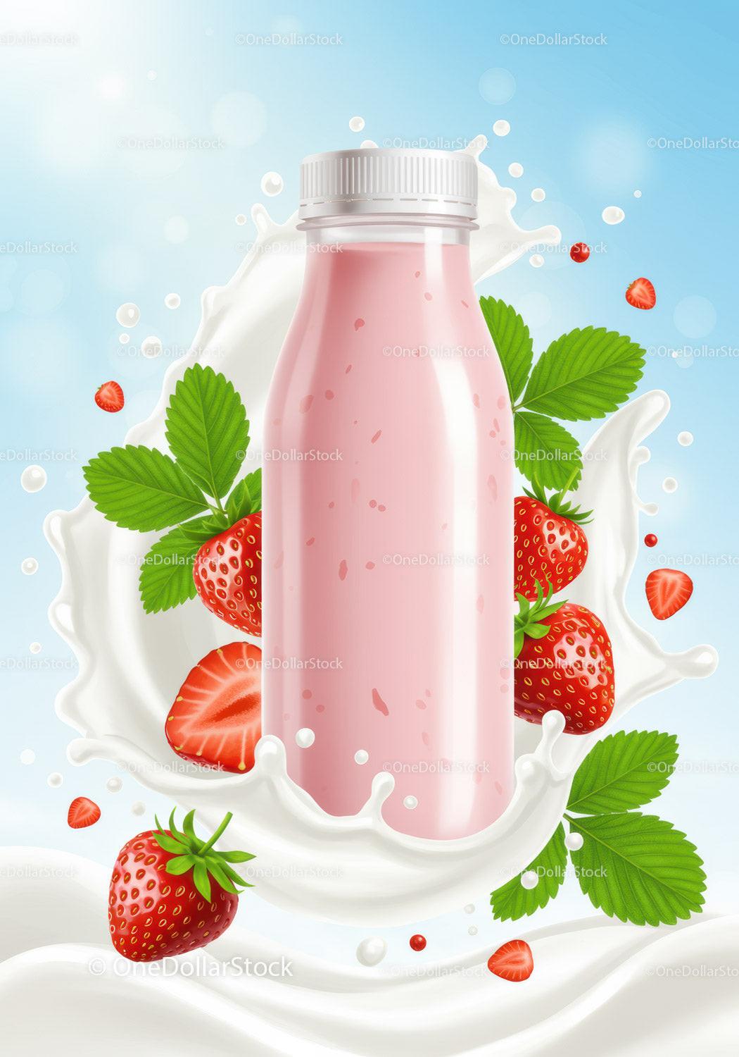 Fresh strawberry smoothie bottle with splashing milk JPG Mockup Image preview