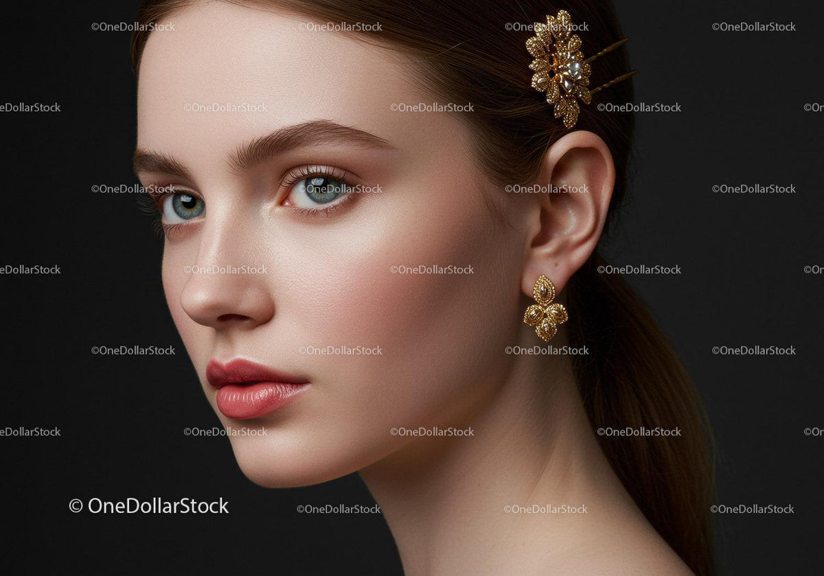 Elegant Woman with Blue Eyes Wearing Gold Jewelry and Hair Accessories