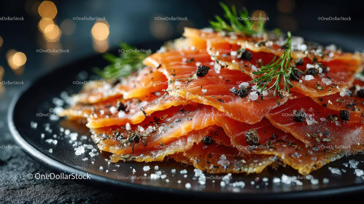 Fresh Smoked Salmon Slices with Dill on Dark Plate for Gourmet Seafood