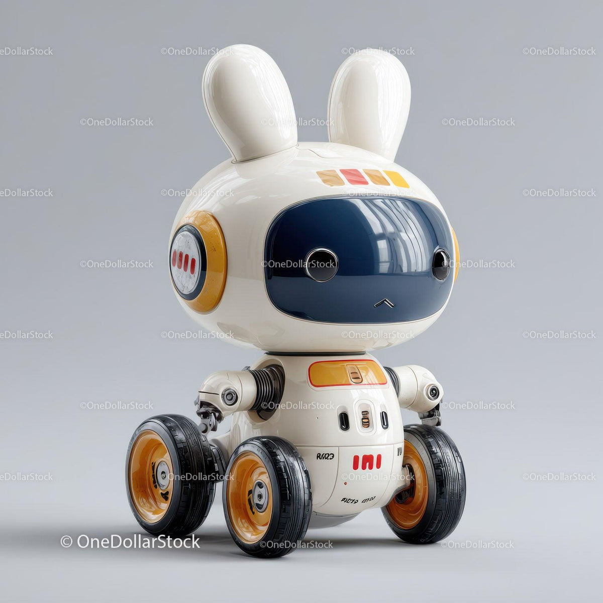 Glossy white robot toy with bunny ears and blue visor on four wheels