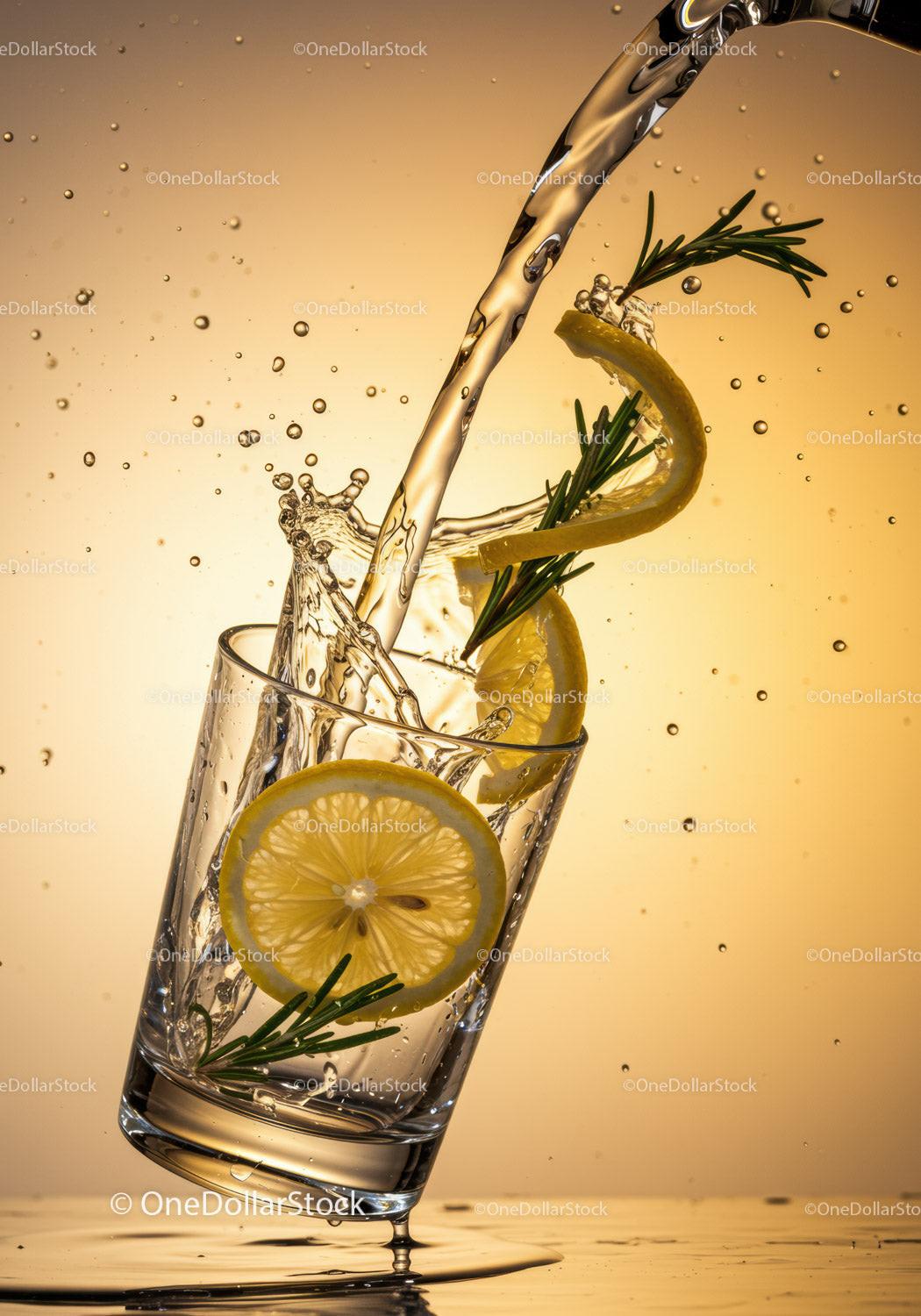 Refreshing Lemon Water with Rosemary Splash in Glass