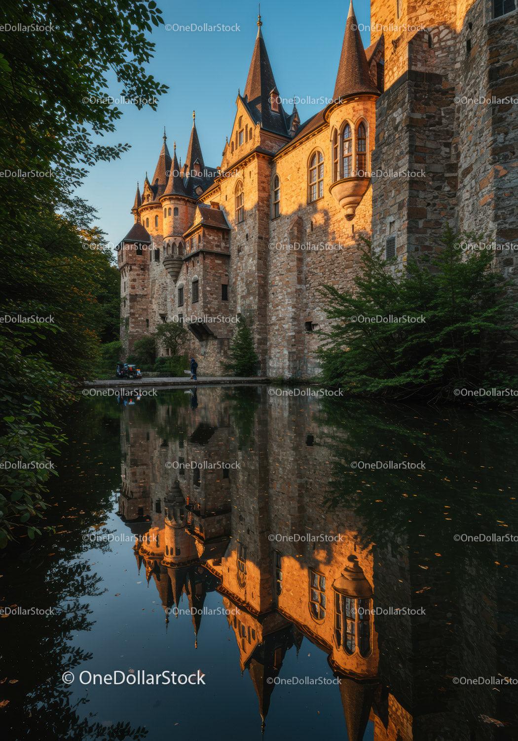 Historic Medieval Castle with Turrets Reflecting in Water