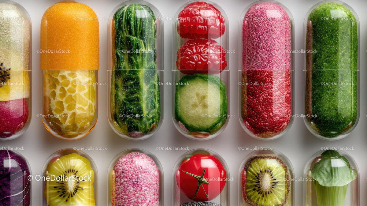 Colorful Fruit Gel Capsules with Fresh Fruits and Vegetables