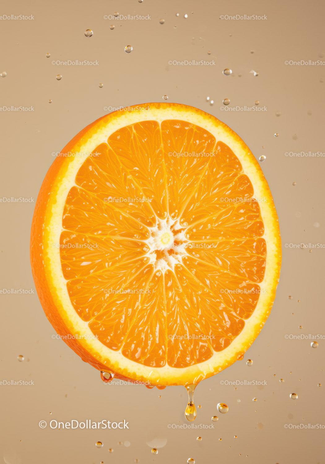 Fresh orange slice dripping juice with water droplets