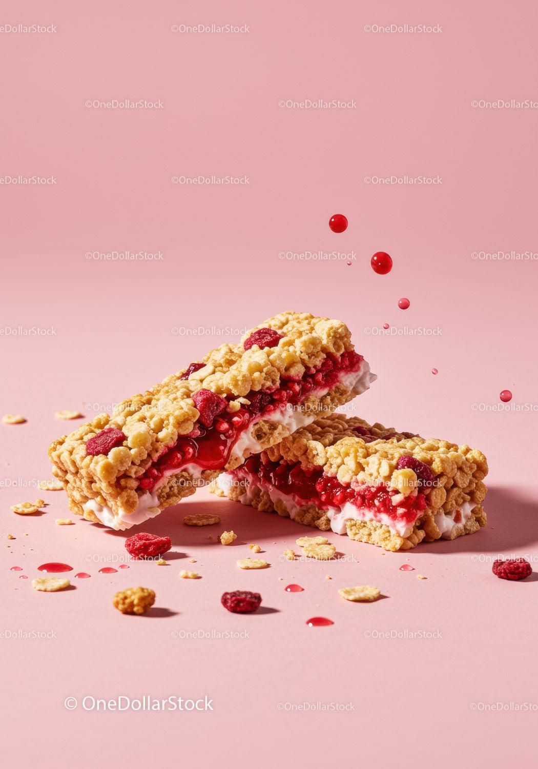 Berry and Yogurt Cereal Bars on Pink Background