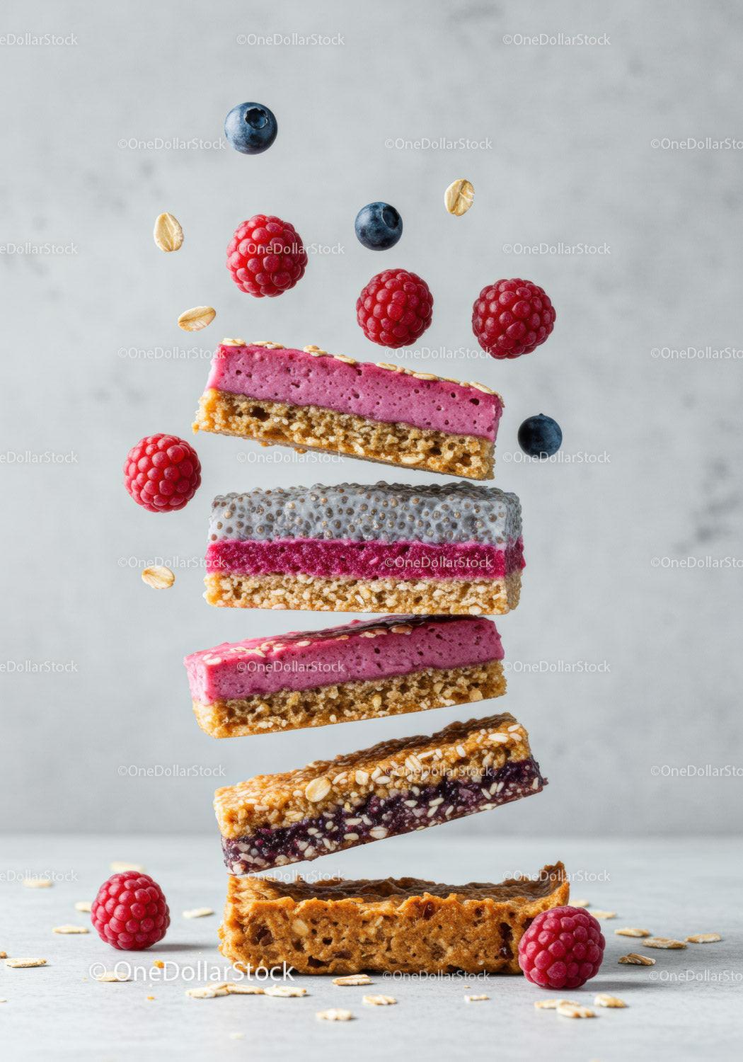 Stack of healthy oat bars with berries and chia seeds