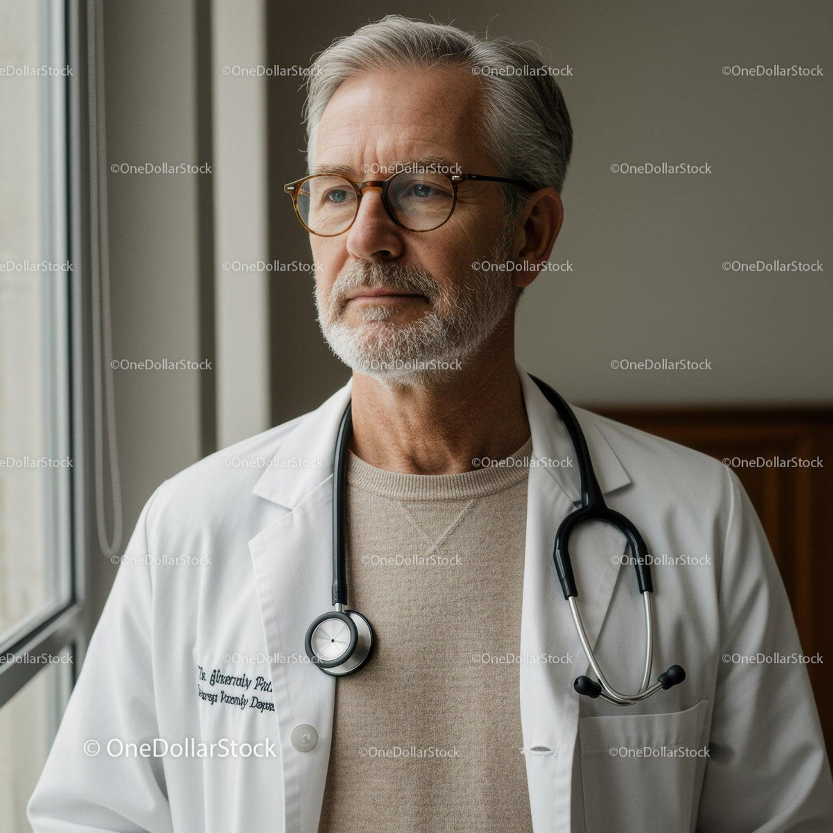 Senior Male Doctor Wearing Glasses with Stethoscope in Clinical Setting
