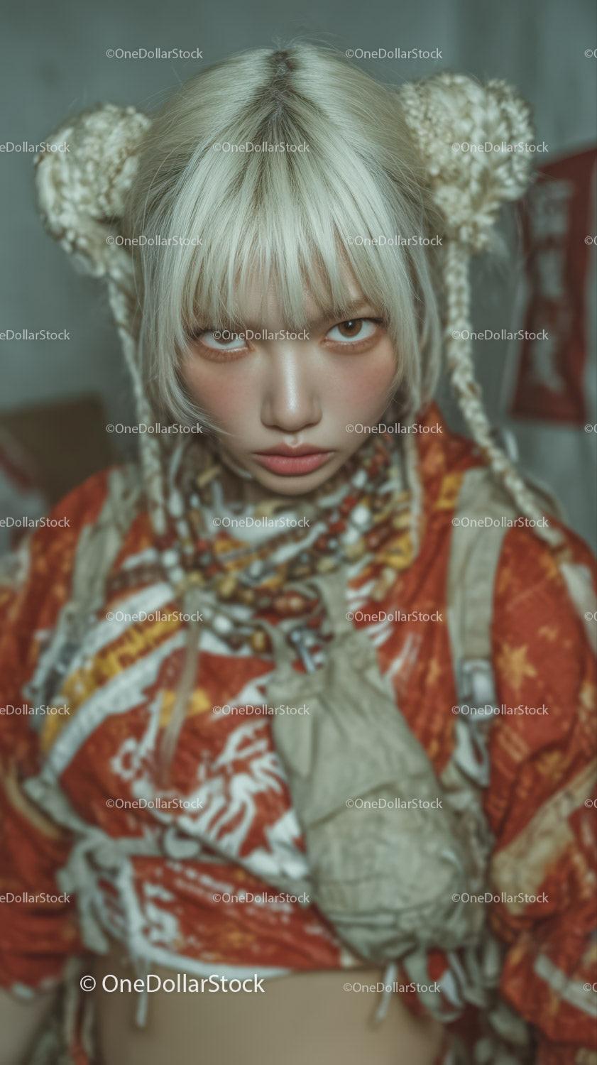 Young Woman with Braided Blonde Hair Wearing Edgy Street Style