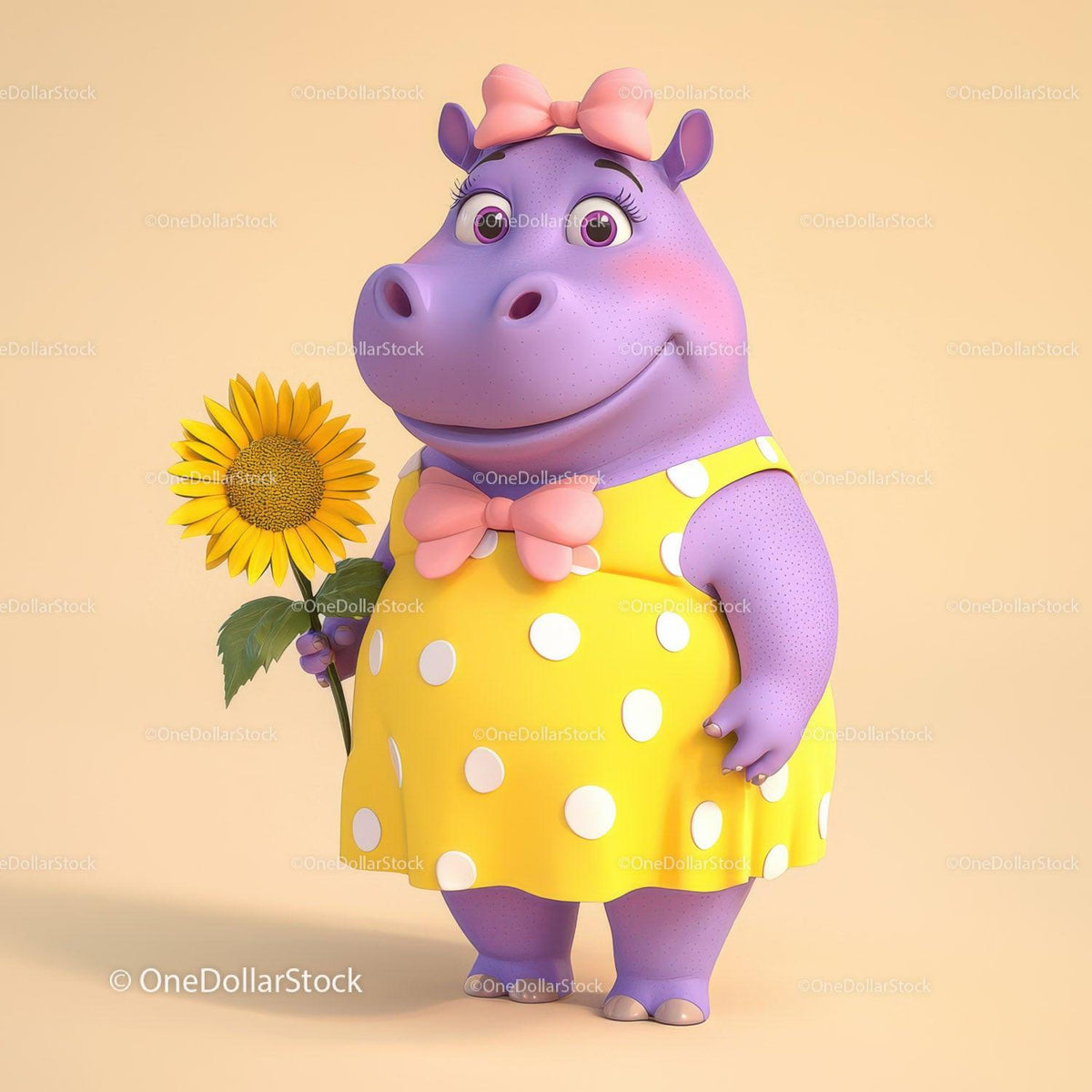 Purple hippo in yellow polka dot dress holding a sunflower