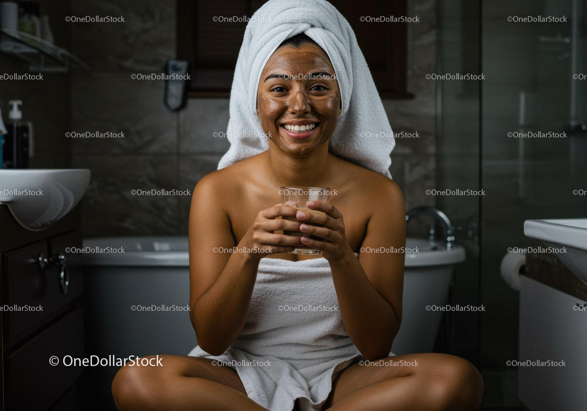 Happy Woman with Facial Mask and Towel in Bathroom Scene