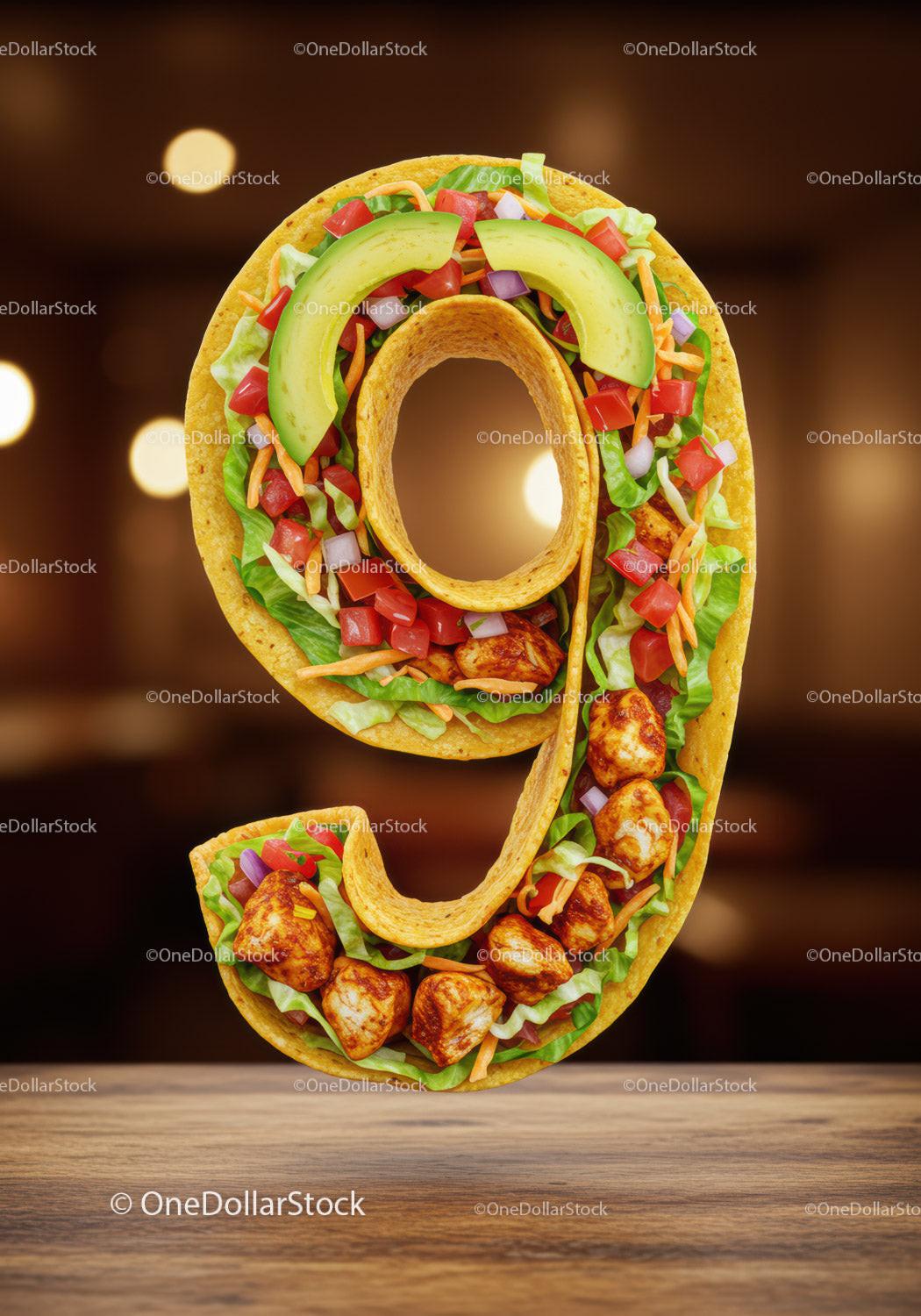 Number nine shaped taco with fresh chicken and veggies