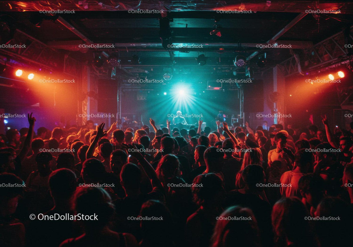 Colorful Nightclub Scene with Dancing Crowd and Dynamic Lighting