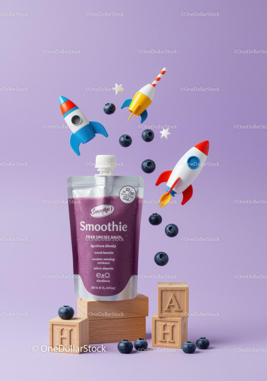 Blueberry Smoothie with Playful Rocket Toys and Wooden Blocks