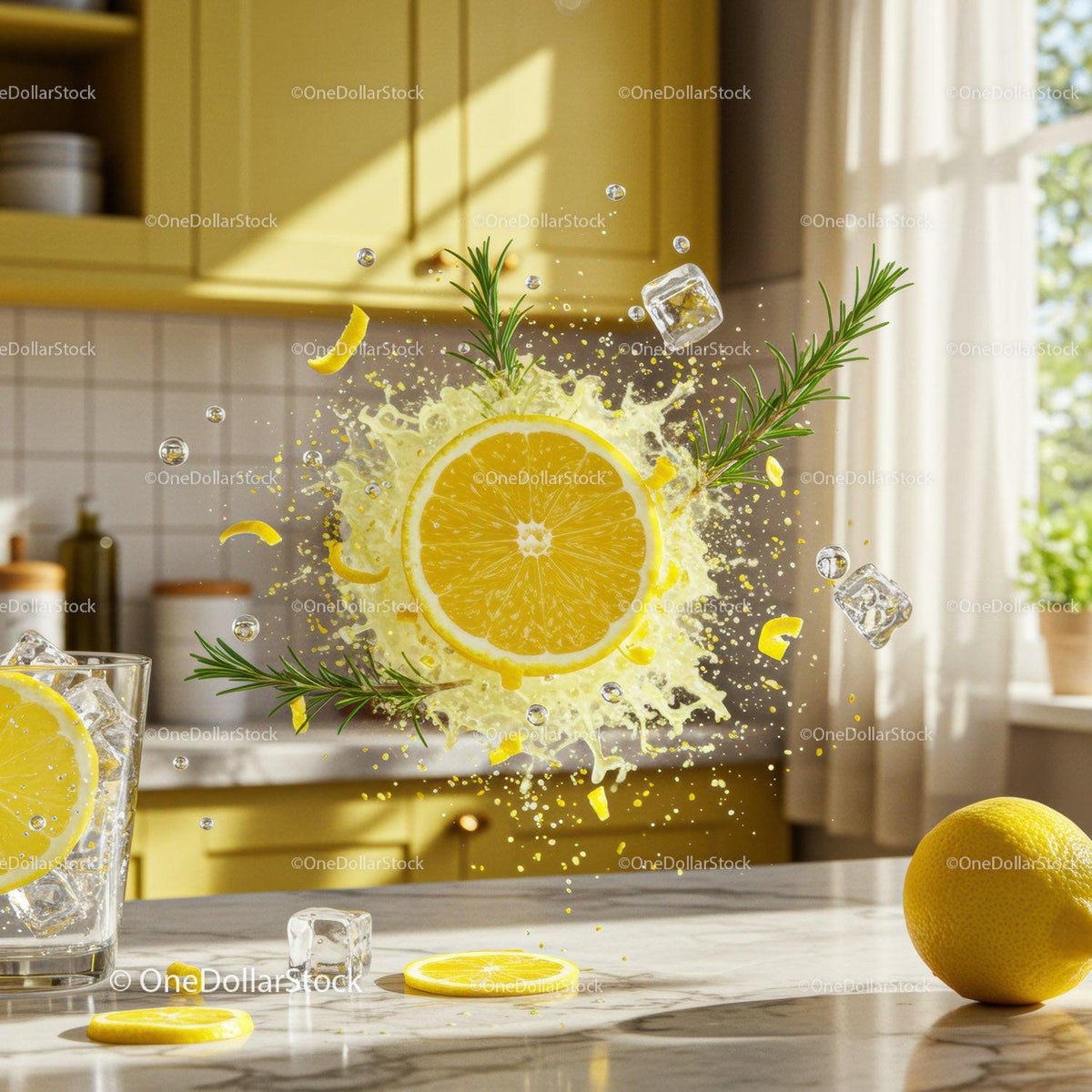 Fresh Lemon Slice Splash With Ice Cubes and Herbs