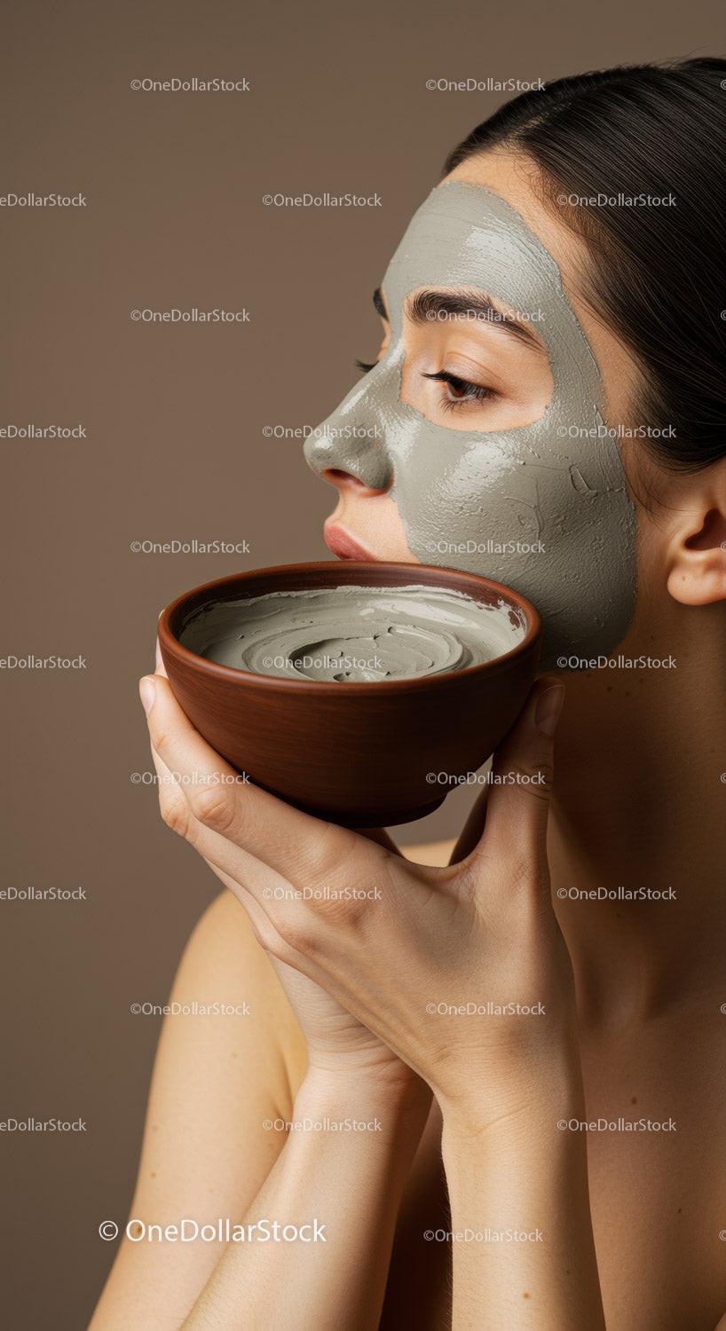 Woman with Clay Facial Mask Holding Bowl for Skincare Routine