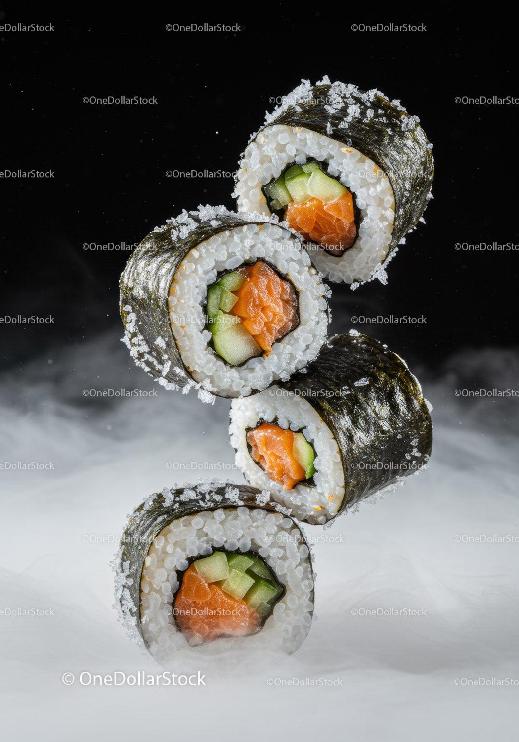 Fresh Salmon and Cucumber Sushi Rolls with Seaweed Wrap