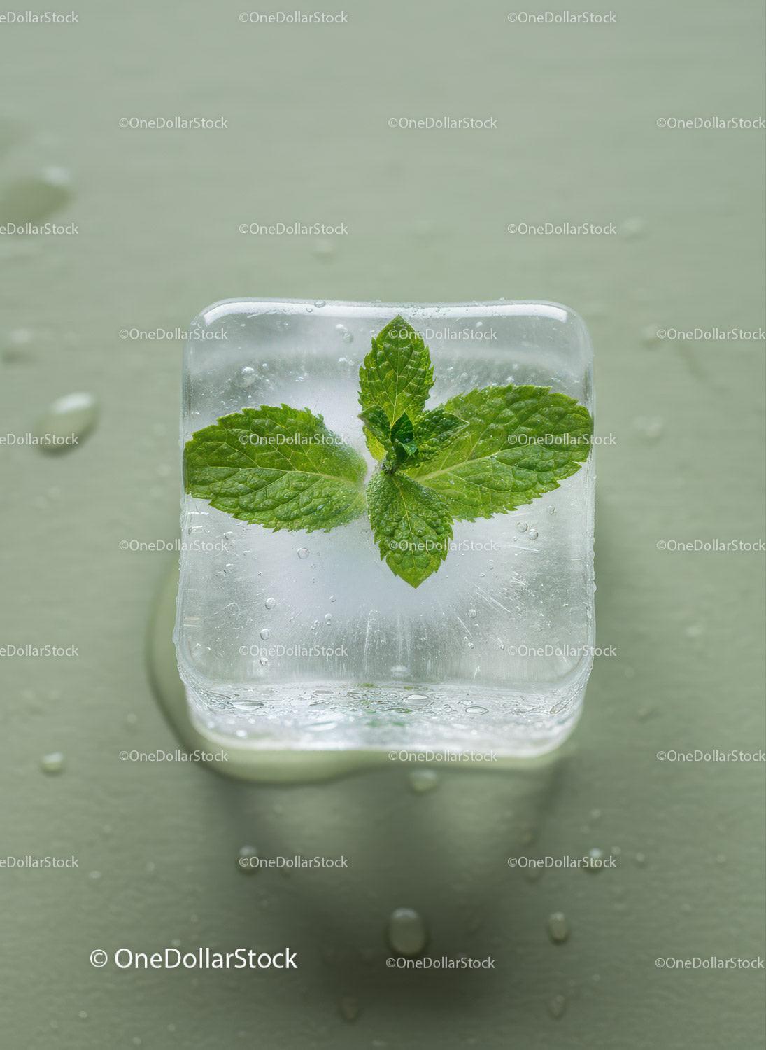 Fresh mint leaf frozen inside clear ice cube
