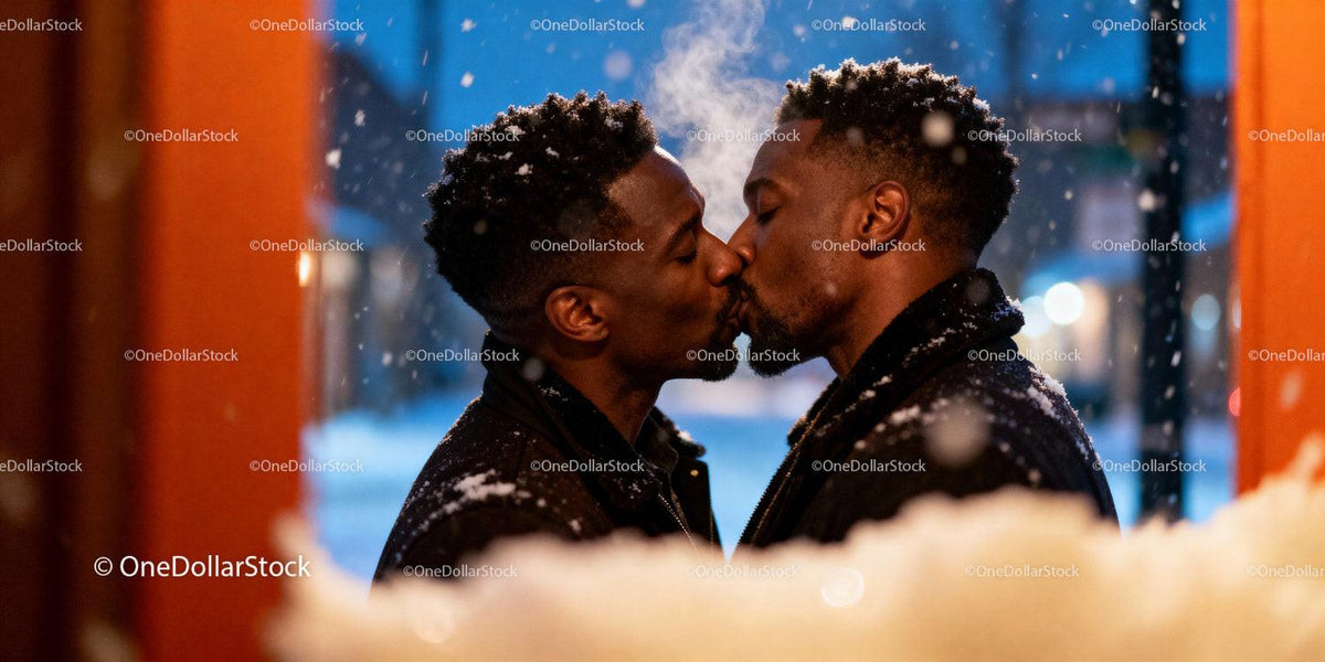 Affectionate couple sharing a kiss in snowy evening