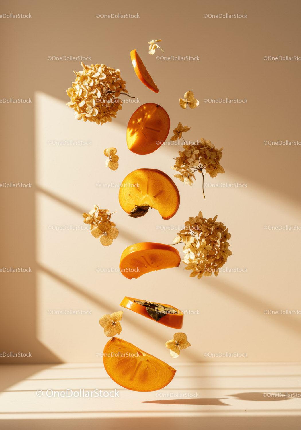 Floating slices of persimmon with dried hydrangea petals