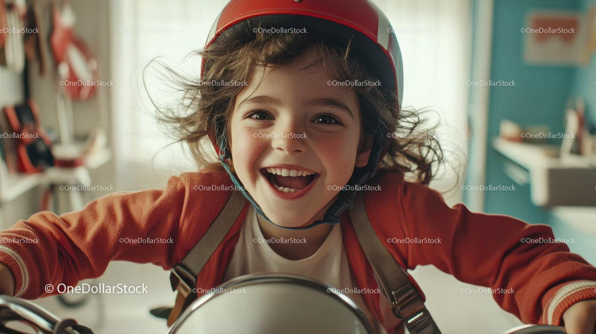 Smiling child wearing red helmet and orange jacket indoors