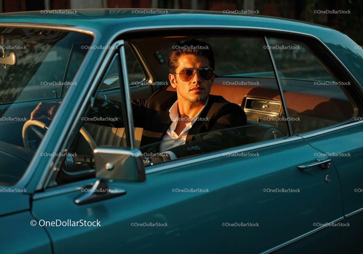 Stylish Man in Sunglasses Sitting in Classic Vintage Car at Sunset Stock Photo Bundle preview 45