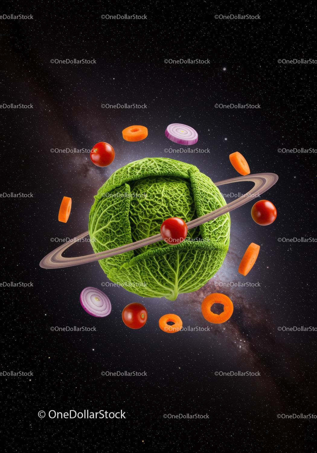 Fresh Vegetables Orbiting Around Cabbage Planet