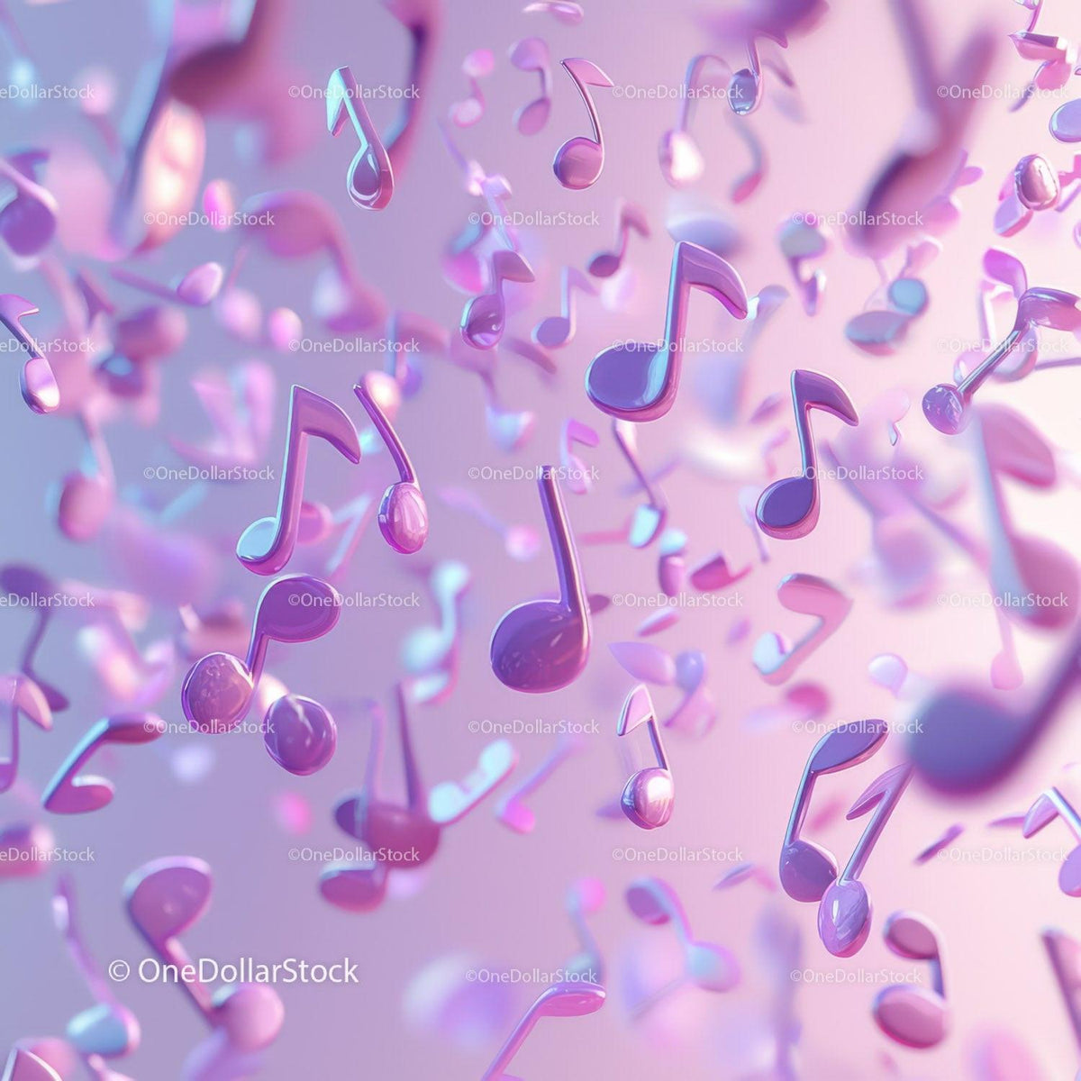 Glossy pink and purple 3D music note shapes floating on a soft gradient background