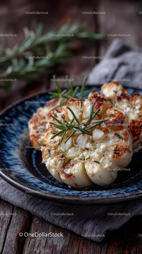 Roasted Garlic Bulb with Rosemary on a Rustic Plate