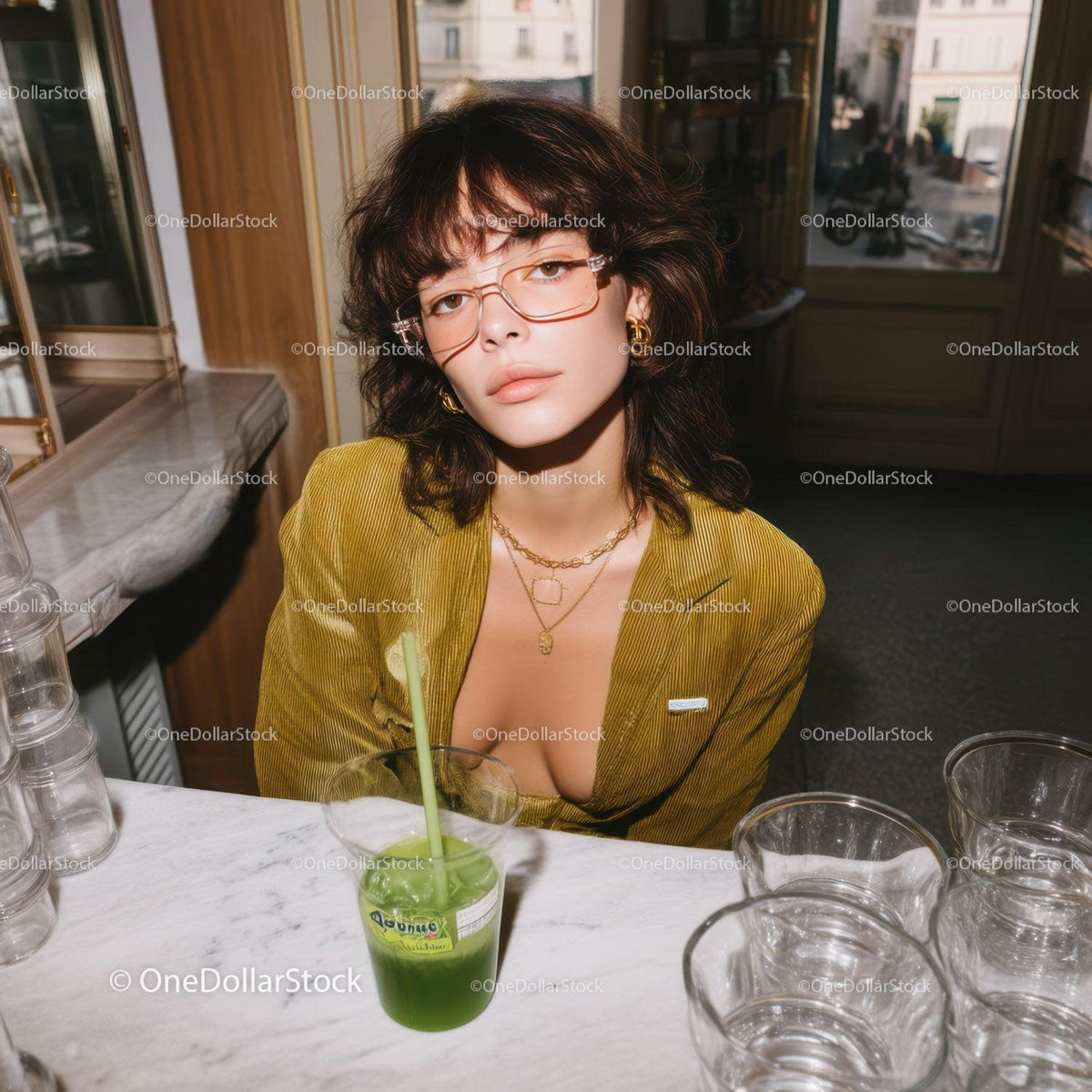 Stylish Young Woman Wearing Yellow Blouse with Glasses in Cafe
