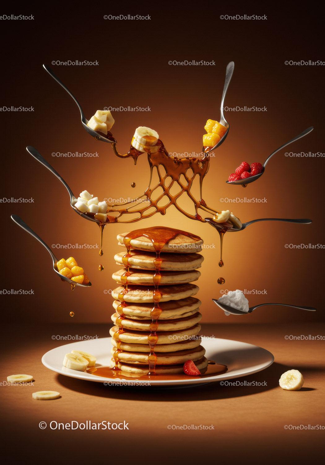 Stack of fluffy pancakes with flowing syrup and fresh fruit