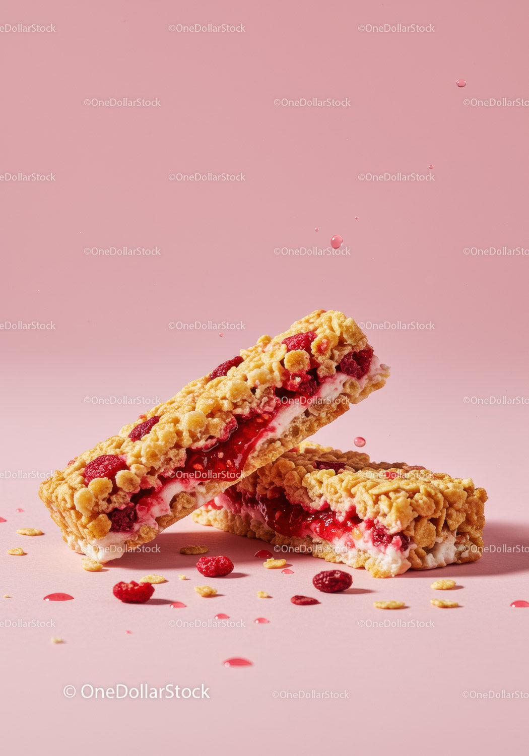 Berry and yogurt granola bars on pink background