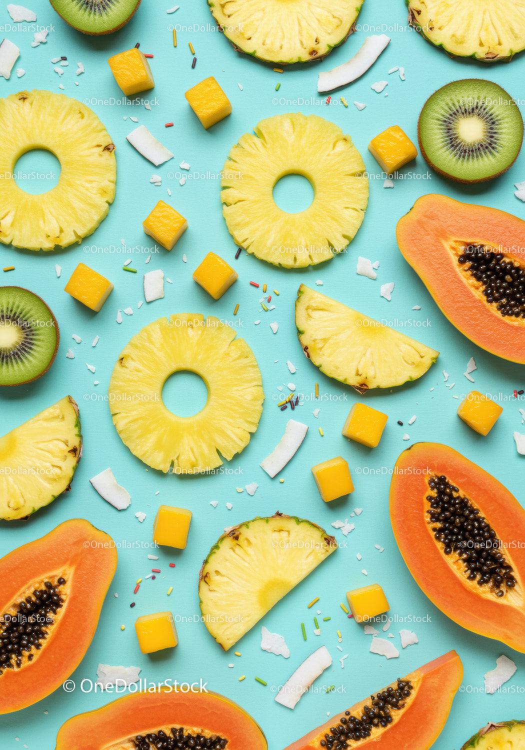 Sliced tropical fruits and colorful pieces on blue table