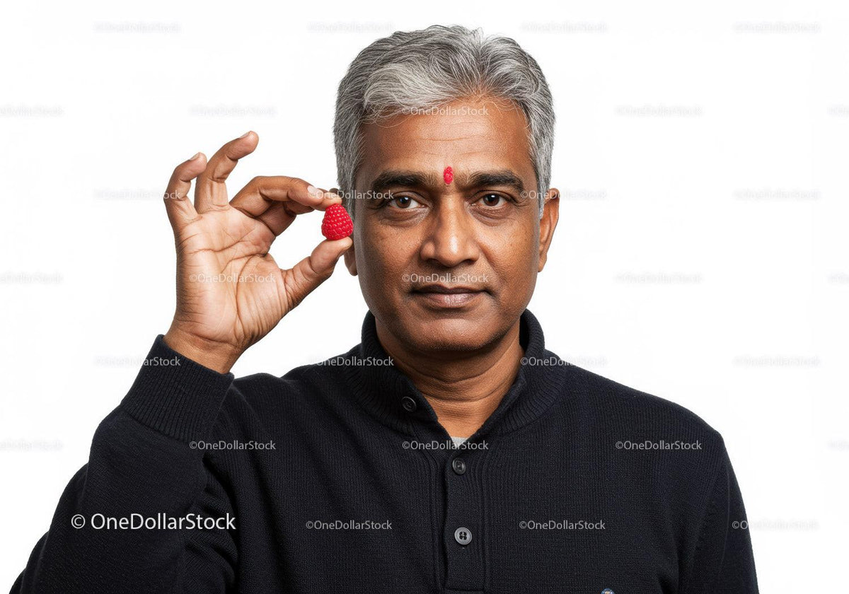 Professional Portrait of Mature Man with Gray Hair Holding Raspberry