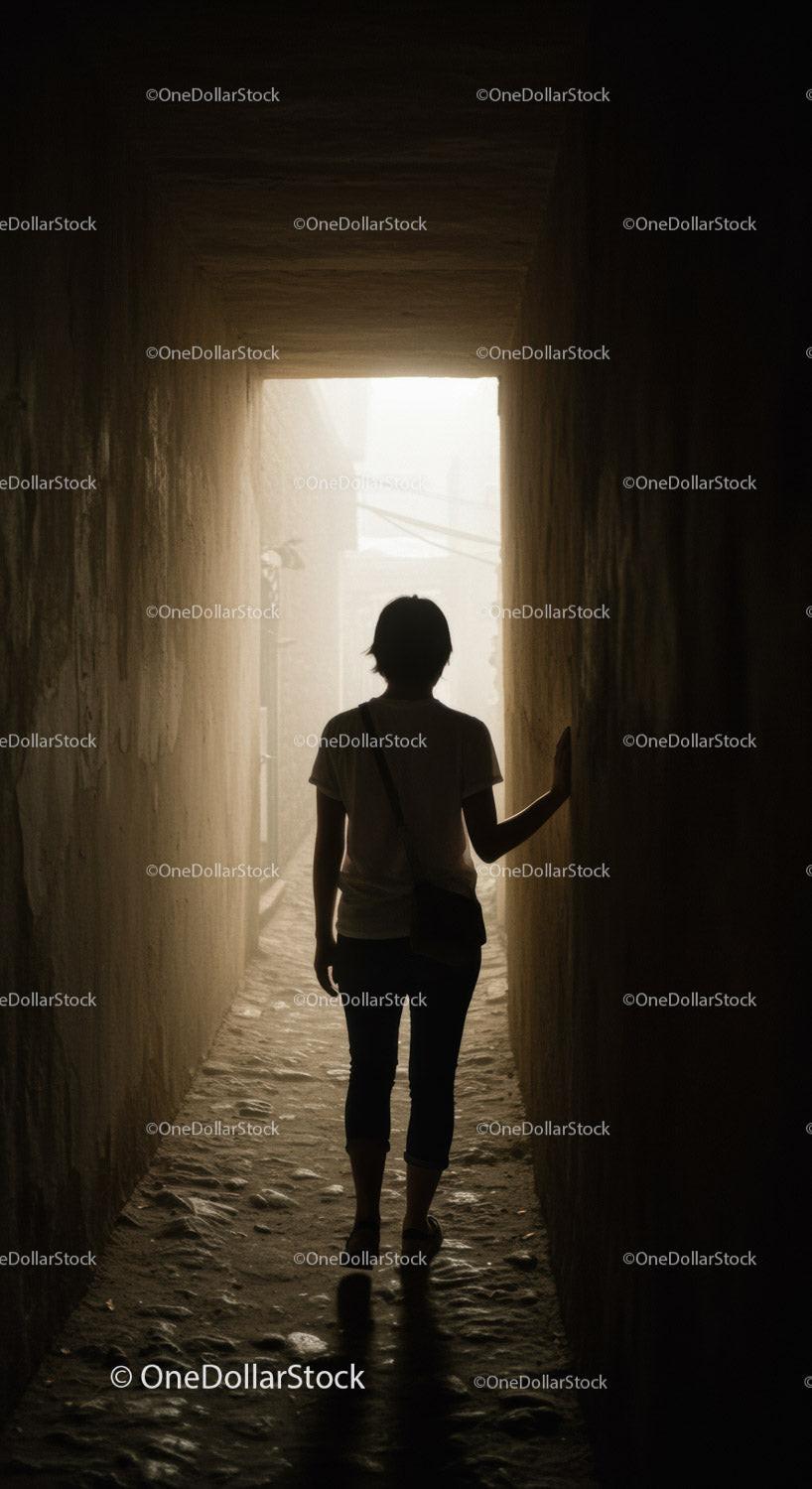 Silhouette of person walking through narrow passageway