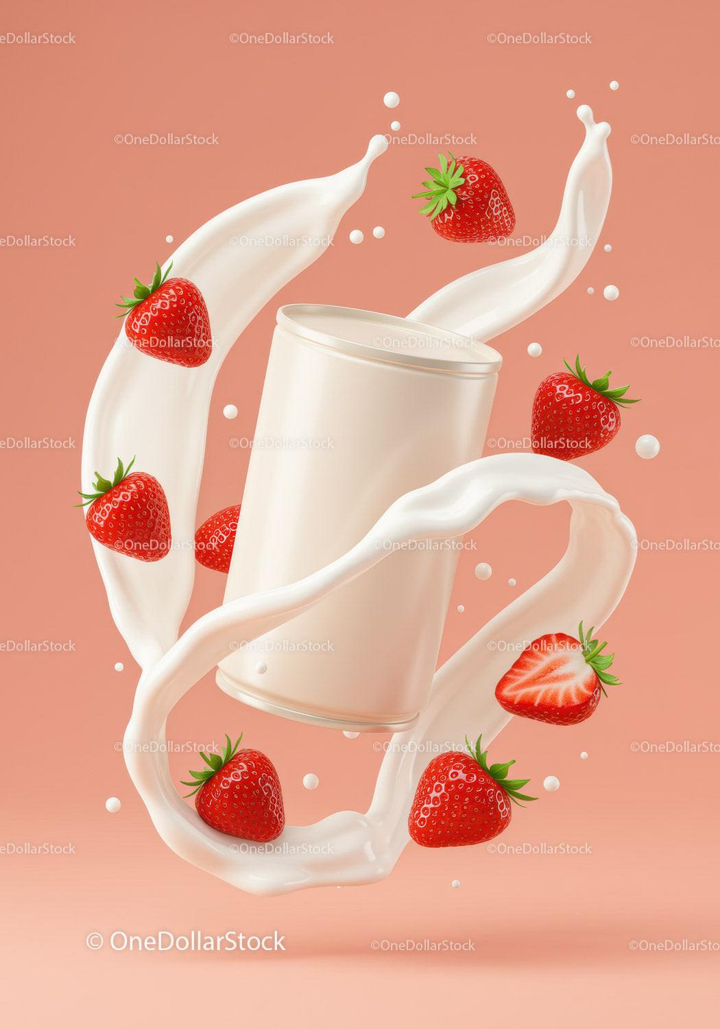 Fresh strawberries splashing in creamy milk swirl JPG Mockup Image preview