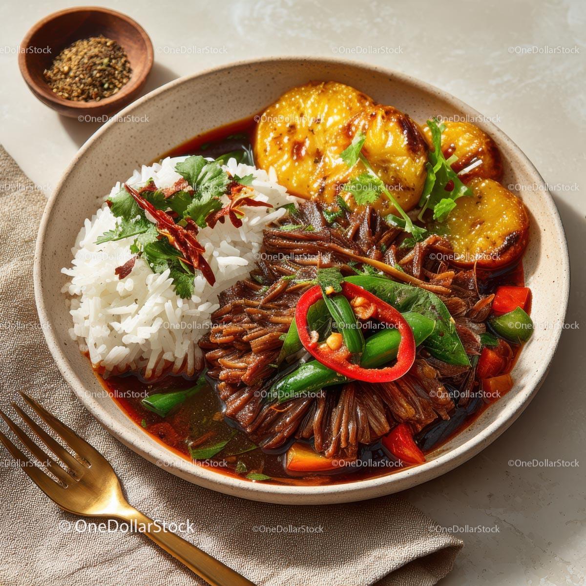 Savory Asian Dish with Rice, Vegetables, and Grilled Plantains Stock Photo Bundle preview