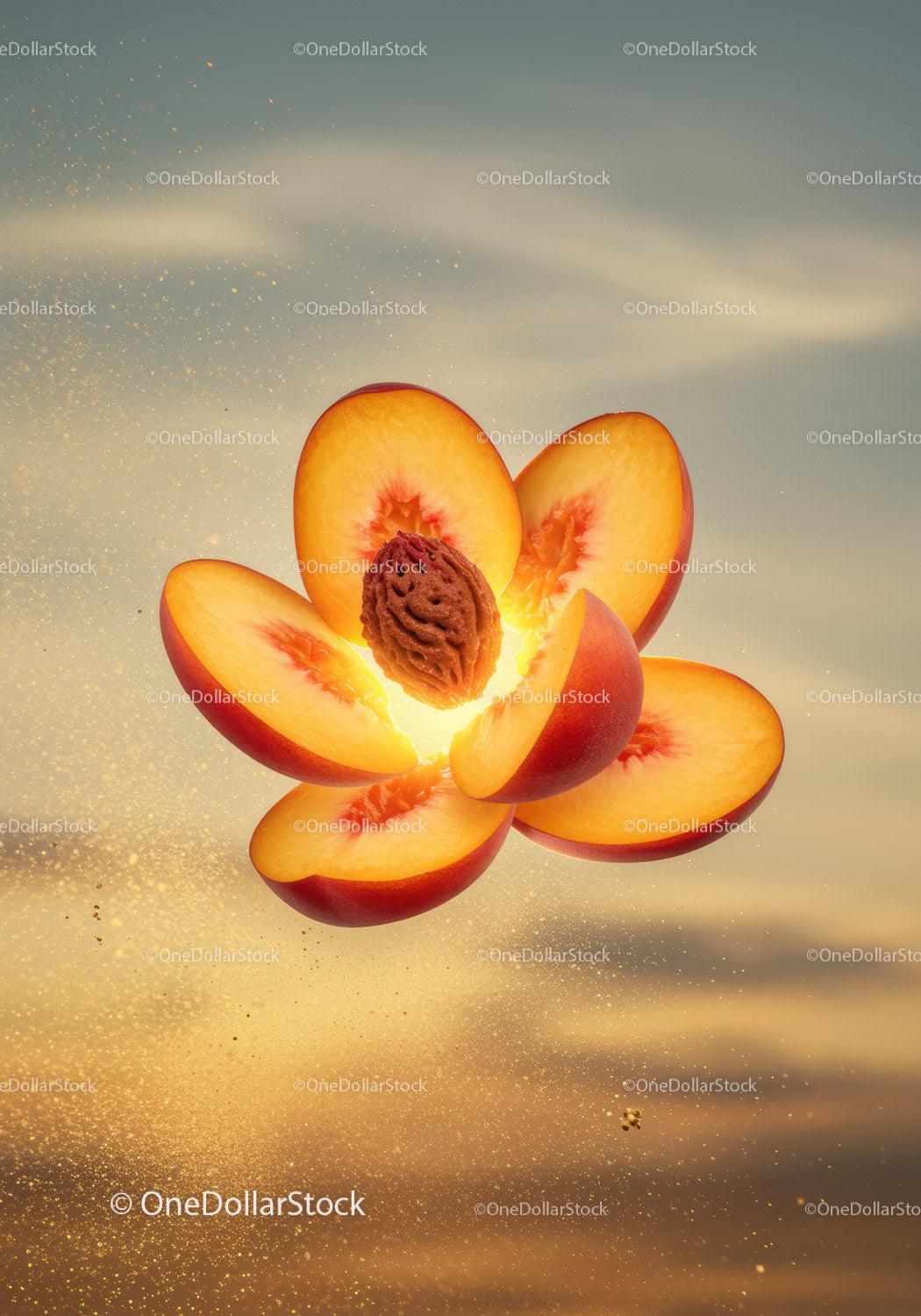 Glowing sliced peach hovering with seed in warm light