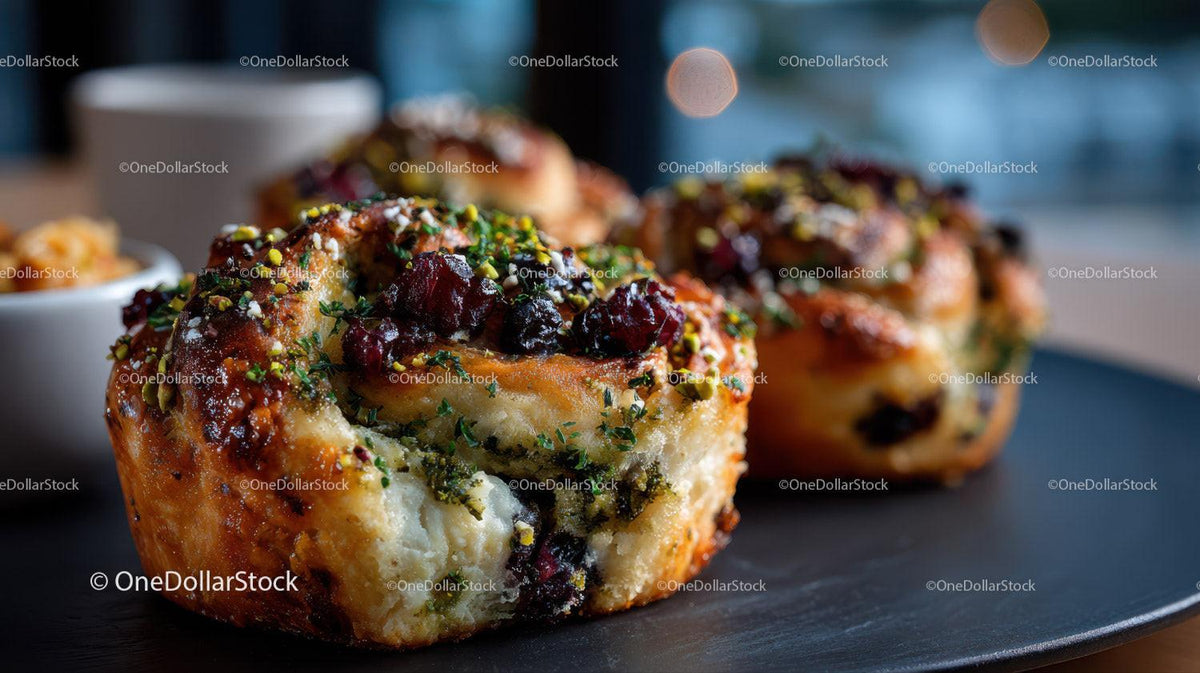 Blueberry Muffins with Fresh Blackberries and Green Garnish