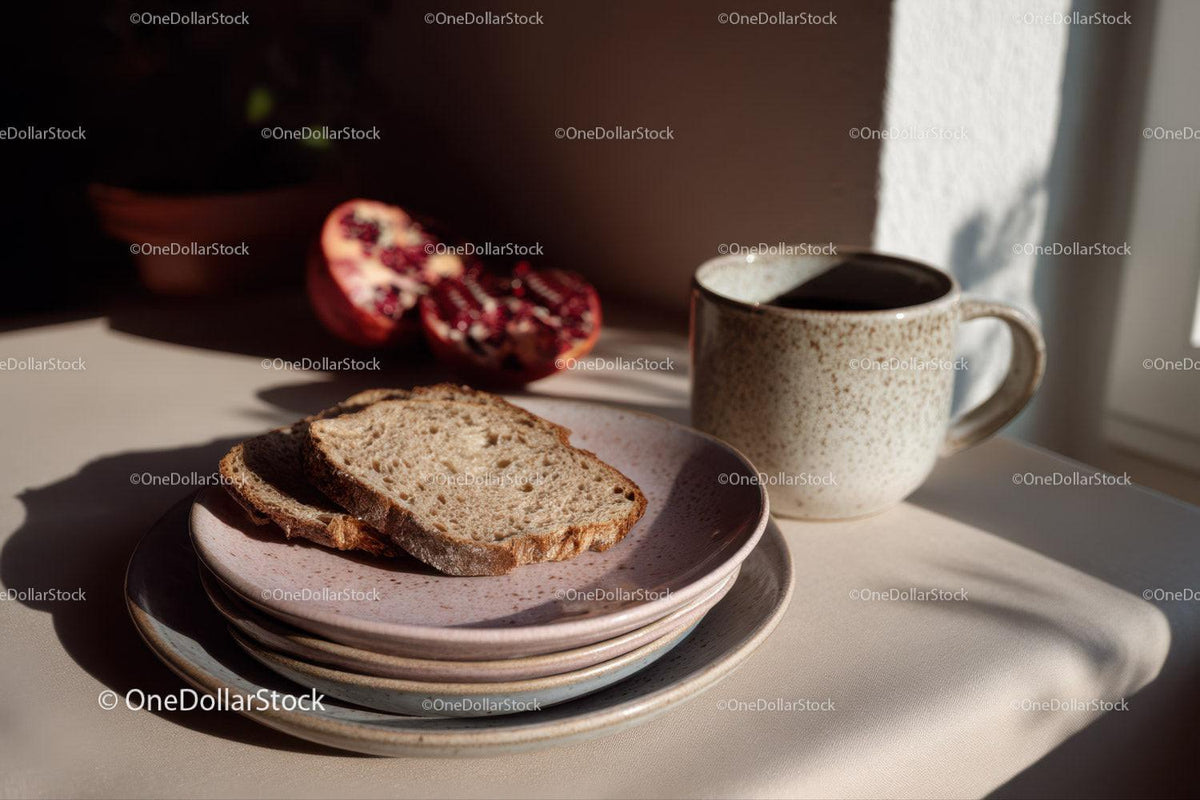Coffee Cup with Sliced Bread and Pomegranate Halves in Sunlit Morning Scene
