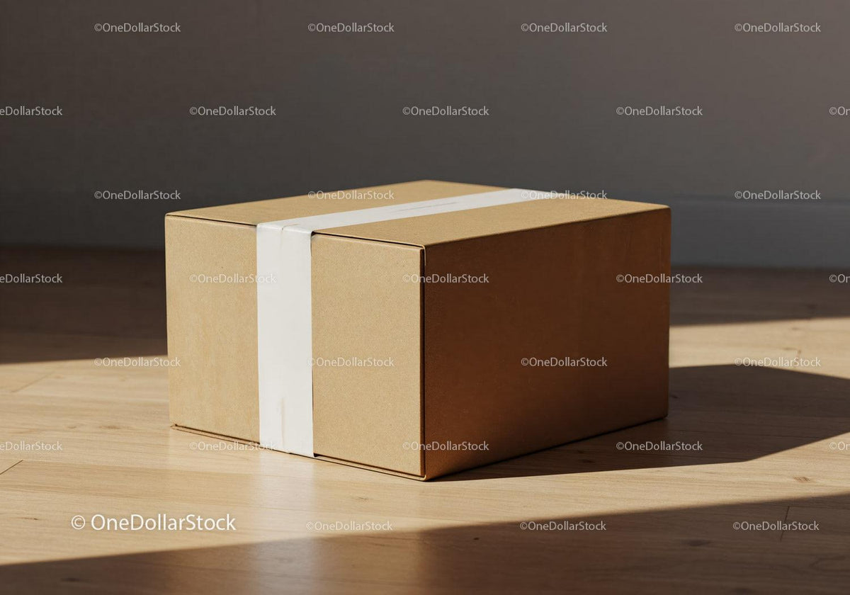Minimalist cardboard box with white tape on wooden floor JPG Mockup Image preview