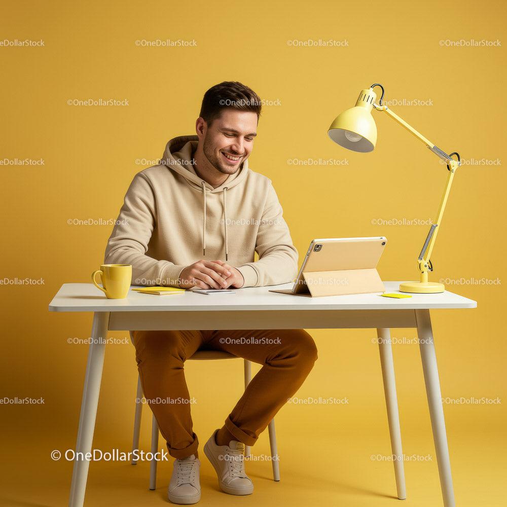 Smiling Man in Casual Attire at Modern Yellow Workspace Stock Photo Bundle preview 6
