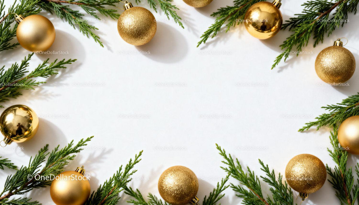 Golden Christmas ornaments with green pine branches border