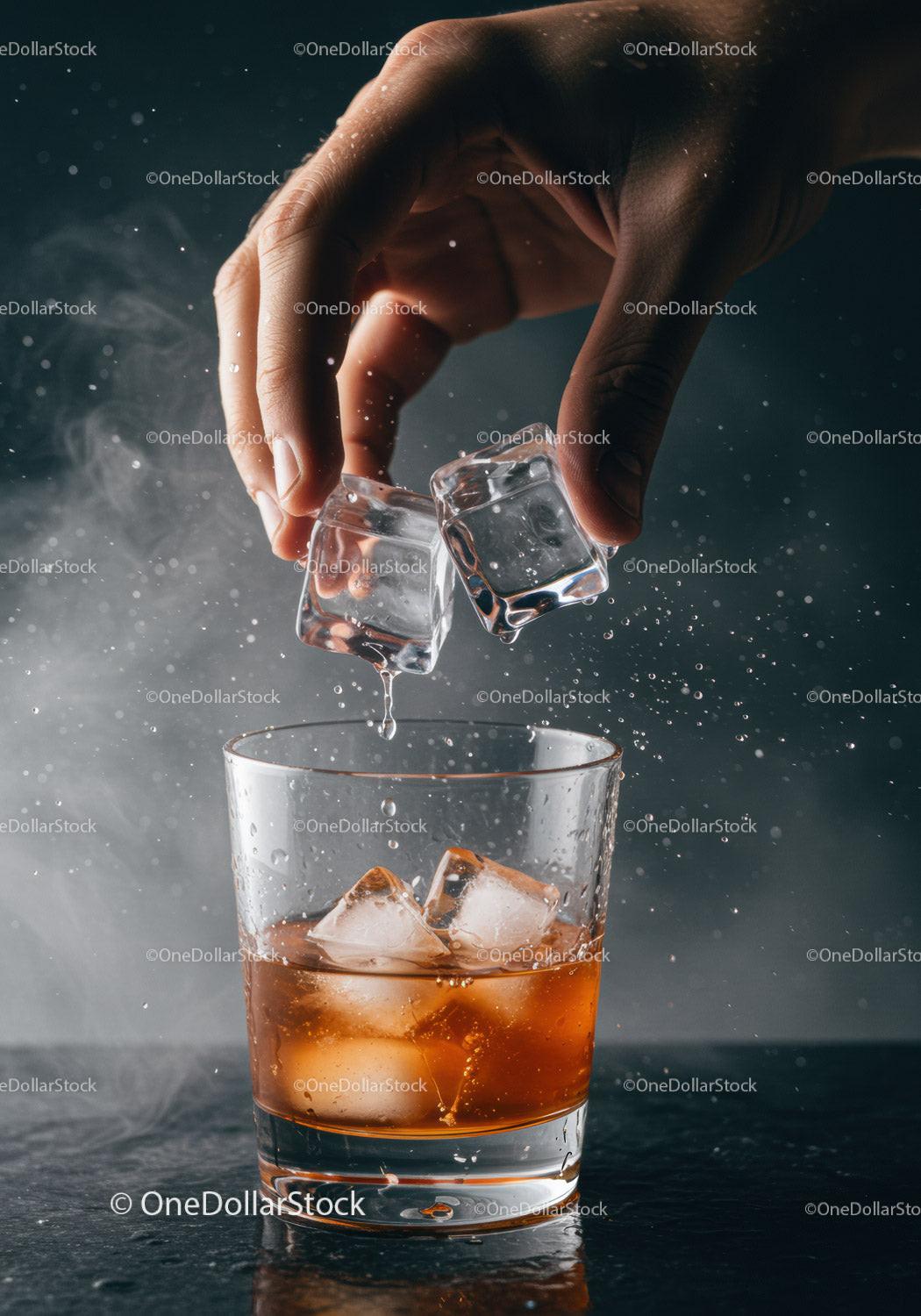 Hand Adding Ice Cubes to Whiskey Glass on Black Surface