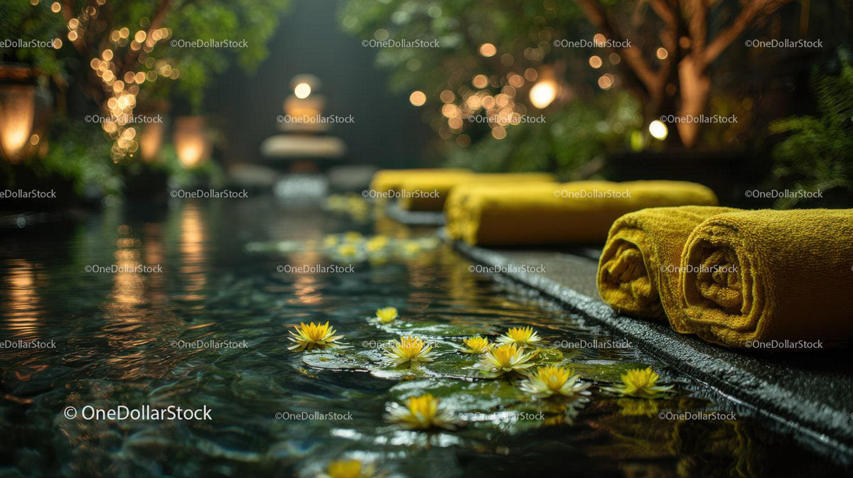 Serene Outdoor Spa Scene with Yellow Towel and Water Lilies Stock Photo Bundle preview 36