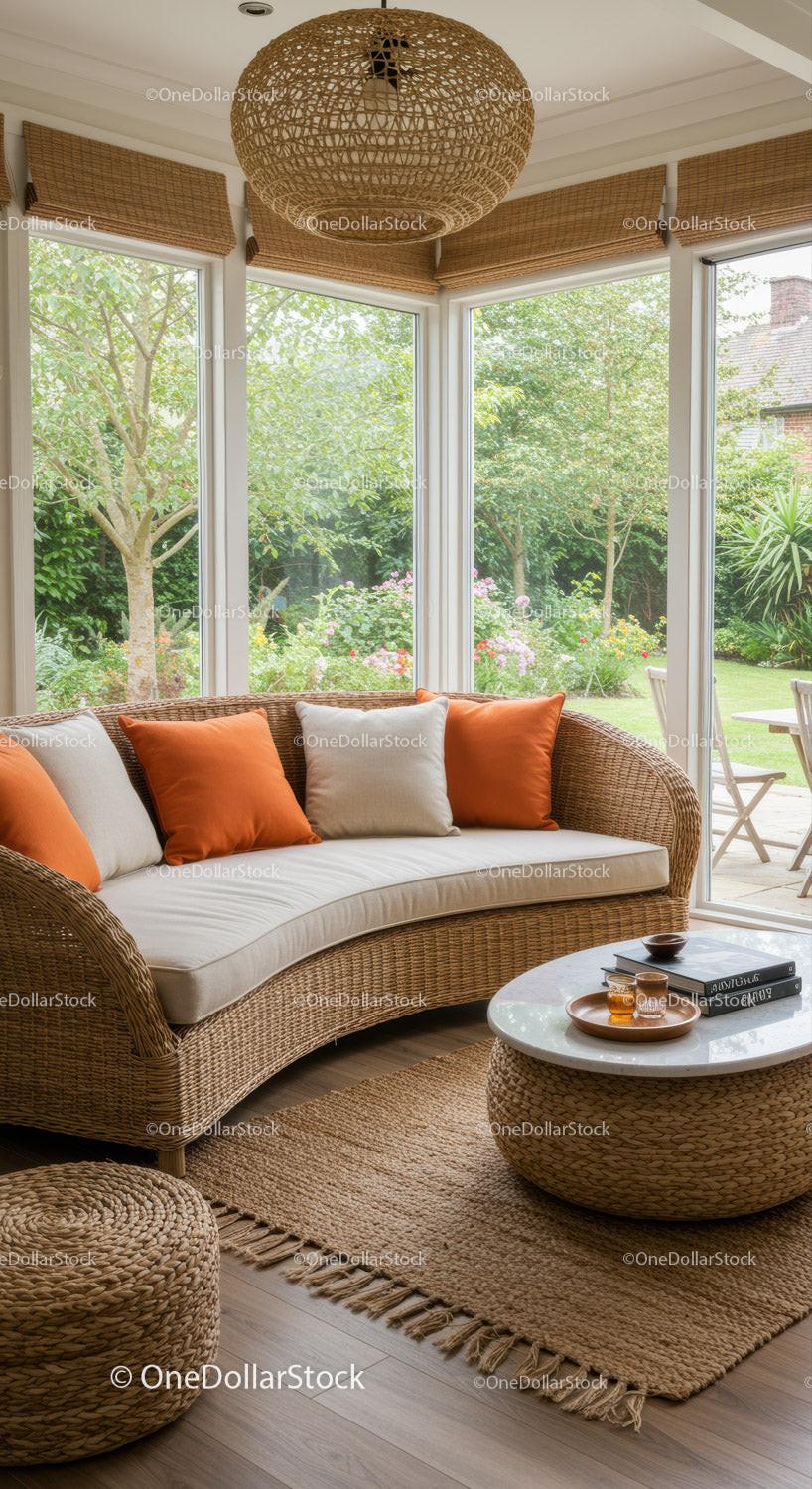 Cozy rattan sofa with orange cushions in bright sunroom