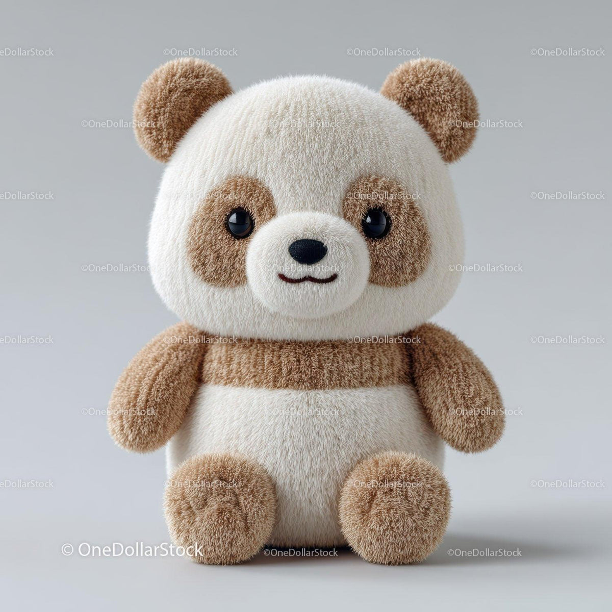 Plush panda bear toy with brown ears and limbs sitting on gray background