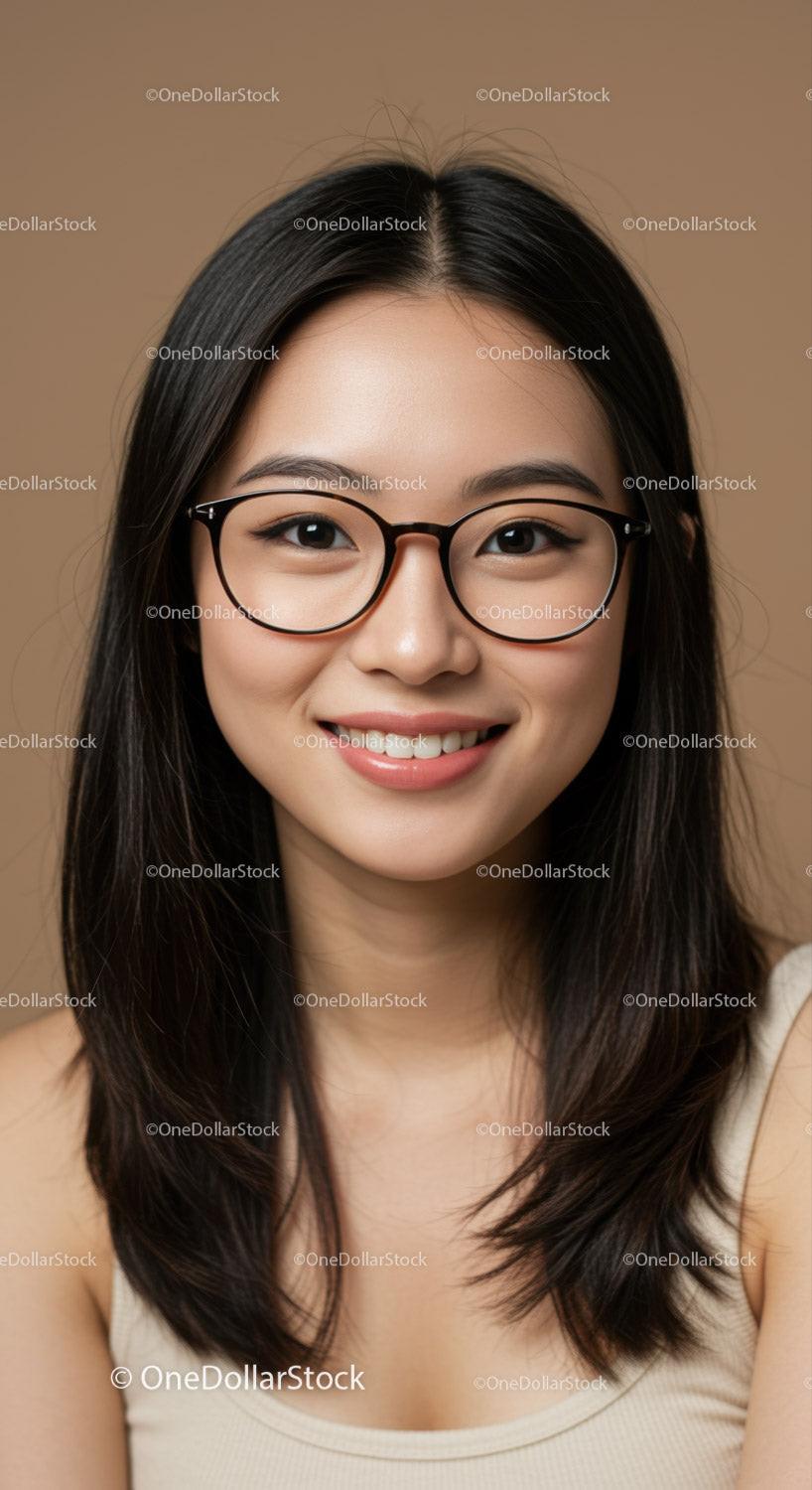 Portrait of a Smiling Woman with Glasses in Bright Studio Lighting