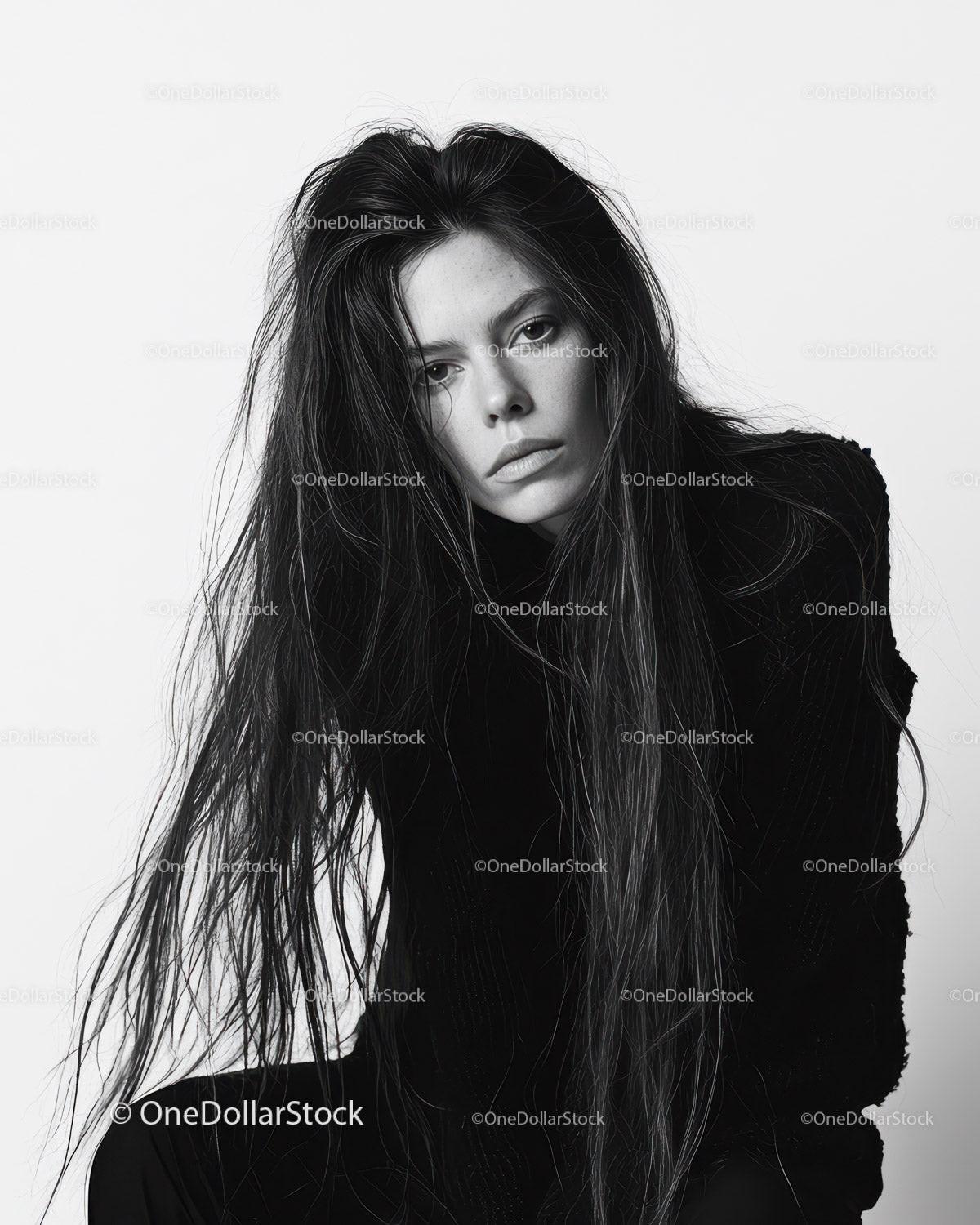 Black and White Portrait of a Woman with Long Hair and Intense Gaze
